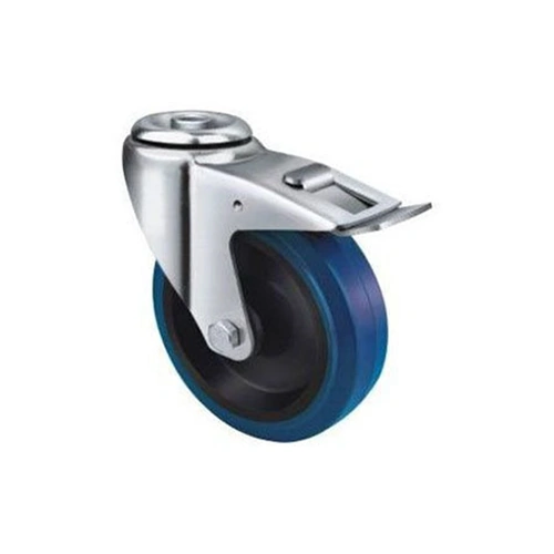 140kg Rated Blue Rubber Castor -100mm - Bolt Hole With Brake