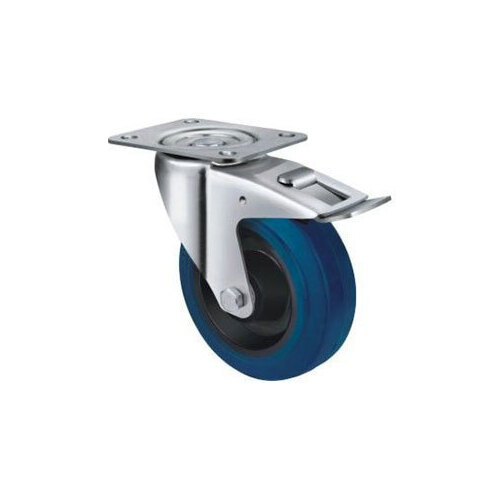 140kg Rated Blue Rubber Castor - 100mm - Swivel With Brake