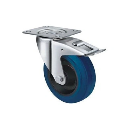 140kg Rated Blue Rubber Castor - 100mm - Swivel With Brake